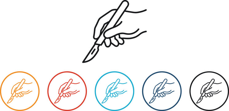 Surgeon hand holding scalpel line icon set for medical operation and healthcare concepts