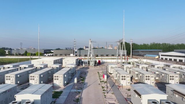 Large outdoor energy storage power station with containerized battery modules arranged in rows