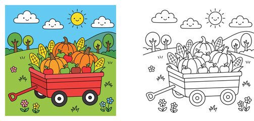 Harvest wagon coloring book page and colorful cartoon vector illustration with autumn pumpkins, corn, and apples in a field on a sunny day for kids © MMONIR