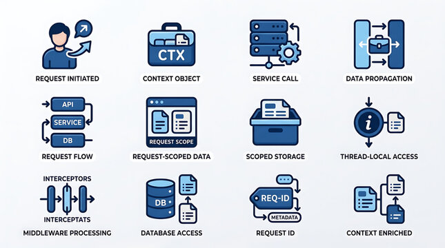 System architecture diagram showing request flow and data processing steps in software development