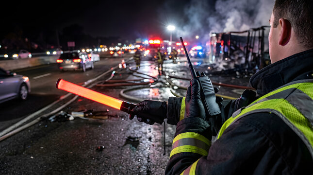 Police officer Using Light Stick and Walkie Talkie to Direct Traffic Near Fire Disaster Scene