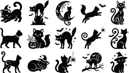 Obraz premium Black cat halloween silhouettes collection with bats spiders and crescent moons