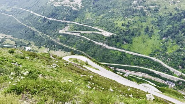 Winding hairpin switchback roads of the Grimsel and Furka passes