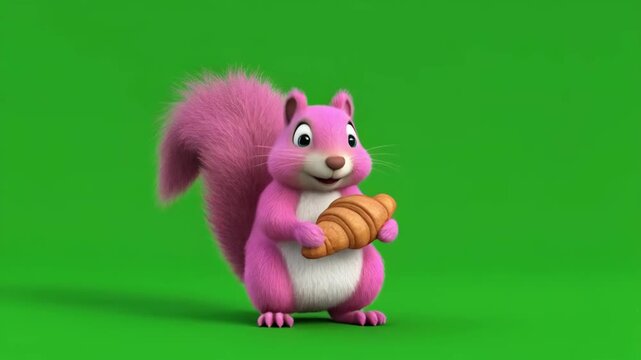 Animated pink squirrel holding croissant with cinematic camera motion on green screen background