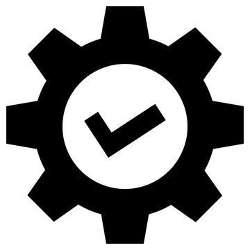 Black gear icon with a white checkmark in the center, symbolizing settings, success, completion, or a verified process.