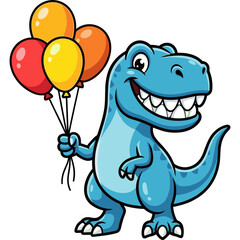 Fototapeta premium A smiling cartoon dinosaur holds colorful balloons in a fun scene