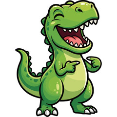 Obraz premium A smiling cartoon dinosaur points excitedly in a playful scene with green color.