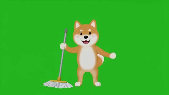 Animated Shiba Inu character cleaning with mop on green screen background