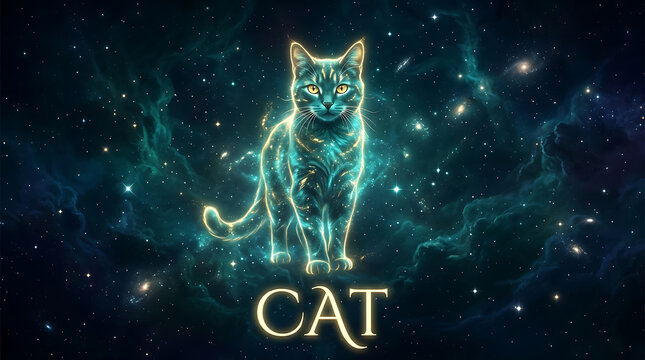 Celestial Cosmic Cat Silhouette Glowing With Radiant Nebula Stardust Patterns in Deep Space