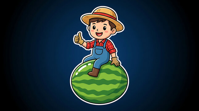 Cute Little Farmer Boy Character Sitting Happily On A Large Green Watermelon Cartoon Illustration