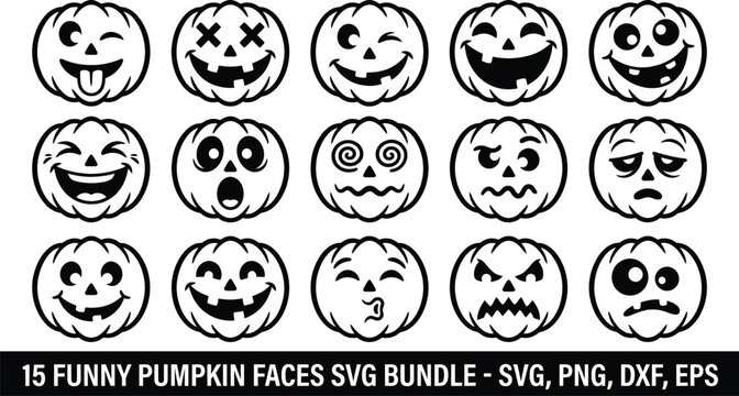 Fifteen black and white pumpkin face vector graphics bundle for halloween crafts