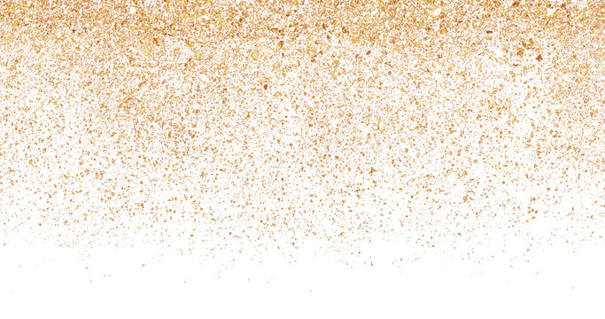 Falling golden sand particles isolated on a white background creating an abstract natural texture for summer or desert design templates