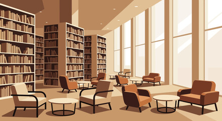 Modern Library Interior with Bookshelves and Seating Area © alvin