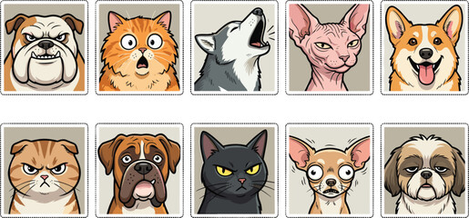 Cute Cartoon Dog and Cat Expression Icon Set Featuring Various Breeds with Funny Facial Emotions for Stickers, Badges, and Social Media Icons © Mustak