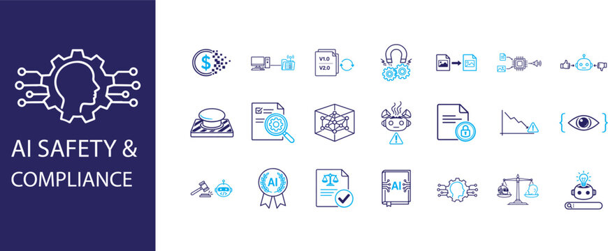 AI safety and compliance solid icon set with ethics, audit, law, liability and governance symbols.