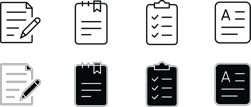 Assessment icons set tests checklists forms and grading symbols in line and solid styles