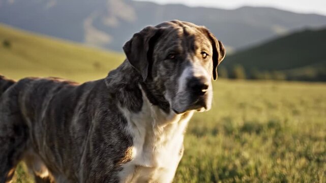 Majestic Alabai (Central Asian Shepherd) dog standing calmly on green grass in a sunlit outdoor setting, displaying strength, confidence, and a protective nature.