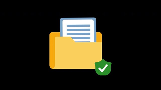 animation of a folder with documents and a shield checkmark, symbolizing file security, privacy, and data protection