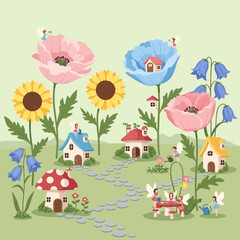 Naklejka premium Whimsical Fairy Village Among Giant Flowers and Mushrooms, Magical Garden Scene