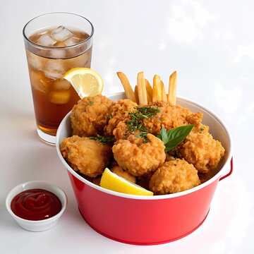 Crispy Fried Chicken Bites with French Fries and Soft Drink Fast Food Meal