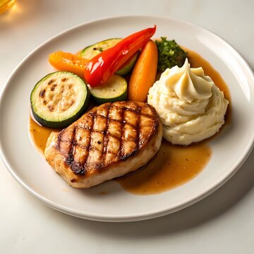 Grilled Chicken Steak with Mashed Potatoes and Roasted Vegetables