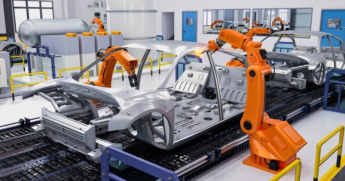 Automated car manufacturing assembly line with orange robotic arms assembling a vehicle chassis in a modern factory setting
