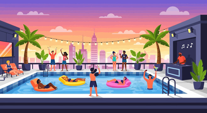 Rooftop Pool Party with DJ and Cityscape at Sunset