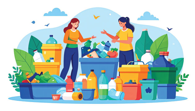 Two women sorting recyclable household items.