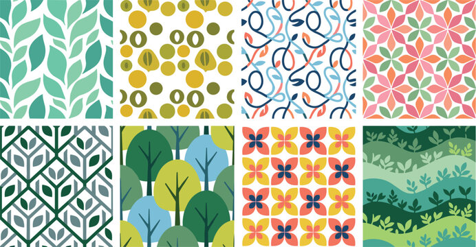 Colorful decorative square tile patterns with geometric and nature-inspired vector designs