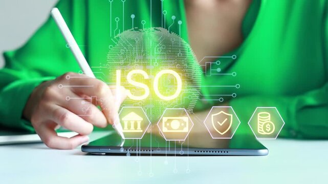 Business person using a tablet to write notes with graphics on international standards organization in the background.