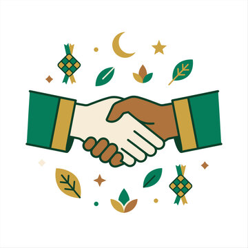Simple salam greeting handshake with ketupat crescent and Islamic festive elements vector
