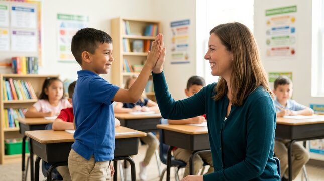 Educational success and motivation featuring a teacher and student in a classroom.