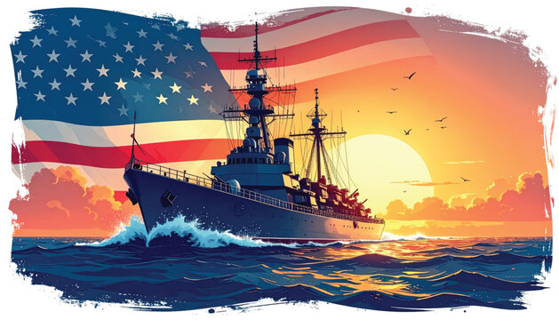 US Navy Destroyer Warship at Sea.