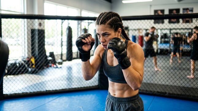 Athletic woman practicing MMA training in a fitness gym environment.