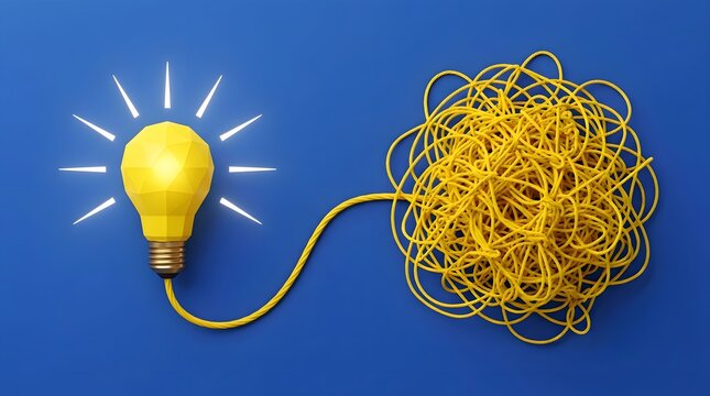 Concept of business problem solving and corporate restructuring with glowing light bulb connected to tangled wire on blue background