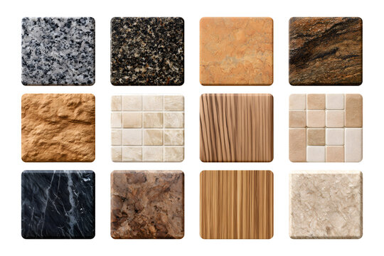 Collection set of material sample tiles isolated on transparent or white background, png