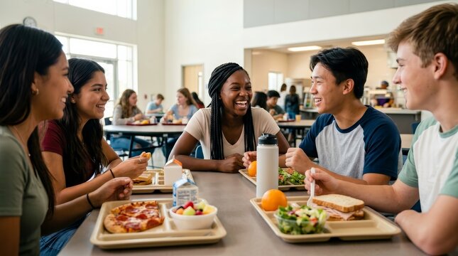 School socialization concept featuring diverse high school students sharing a meal.