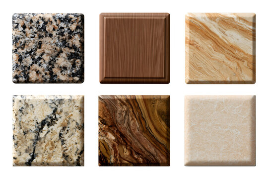 Collection set of material sample tiles isolated on transparent or white background, png