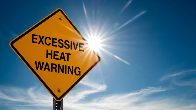 Excessive heat warning sign under bright sun in blue sky background for extreme weather public awareness safety notification message about high temperatures and summer heat wave safety.