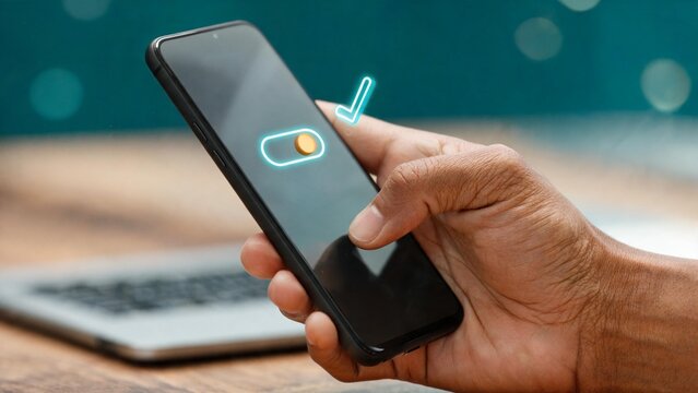 Hand holding smartphone with glowing toggle switch and checkmark icon for digital approval or settings confirmation