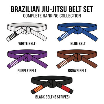 Brazilian jiu jitsu belt set complete ranking collection isolated on transparent background