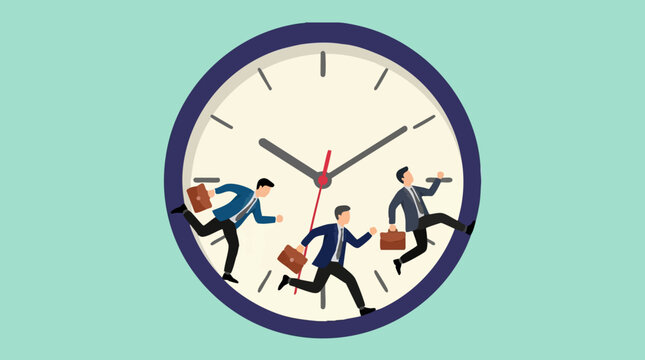 Businessmen running inside a clock face, symbolizing time pressure and deadlines