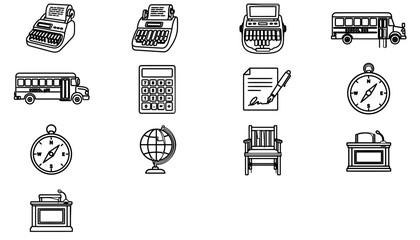 Minimalist handheld electronic calculator vector icon set featuring a numeric keypad, basic arithmetic operators, display screen, and equals sign in a clean black and white line art style bundle © Uzzal