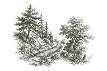 Naklejka premium Vintage engraved railway landscape vector illustration featuring curved railroad tracks through rocky woodland in detailed hand drawn etching style for travel projects