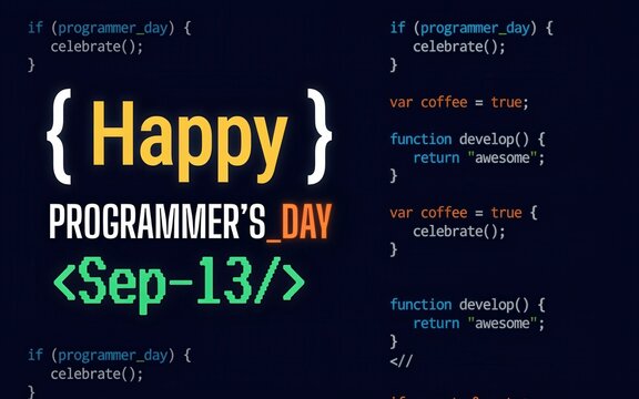Happy programmers day greeting card with code snippets