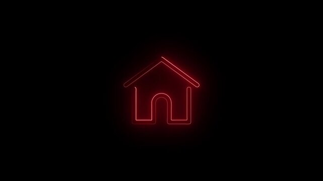 Home button icon animation by neon on black background. Neon home button icon animation, shiny symbol. glowing House, home building animation