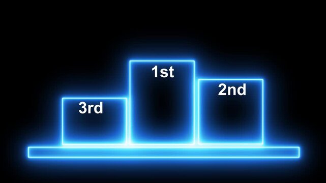 Glowing neon line winner trophy podium with 1st, 2nd, and 3rd place icon animation.  Futuristic ranking stage logo design. Neon Trophy Award icon on Stand. 4k