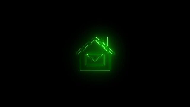 Home button icon animation by neon on black background. Neon home button icon animation, shiny symbol. glowing House, home building animation