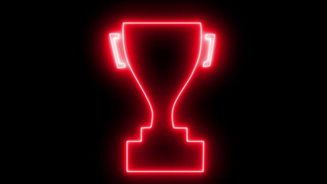 Neon sign luxury Champion golden winners trophy cup with falling golden confetti on bookend background. Winner trophy symbol icon, 4k