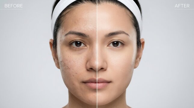 Split screen comparison of woman's face showing skin before and after dermatological treatment for acne and blemishes